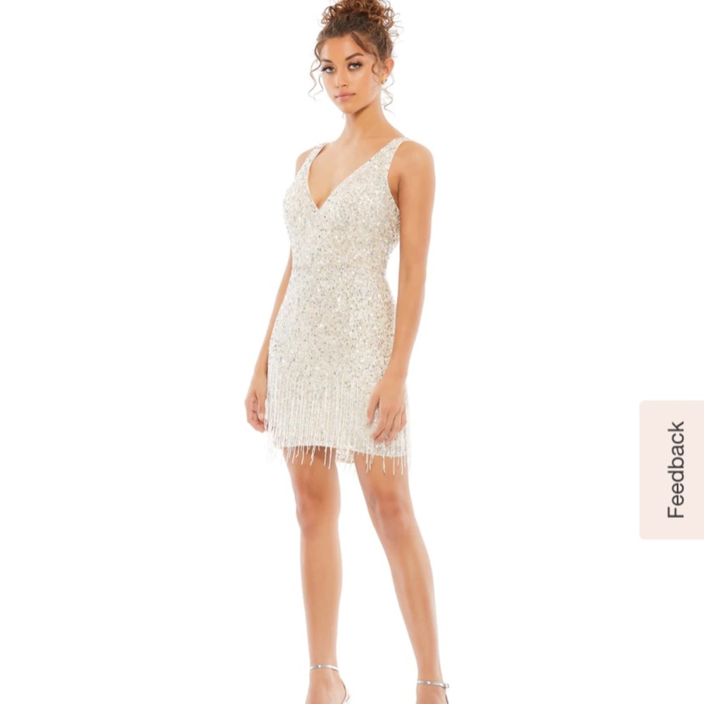 MacDuggal Beaded Fringe Silver Sequined Mini Dress Size 8 Style 4971